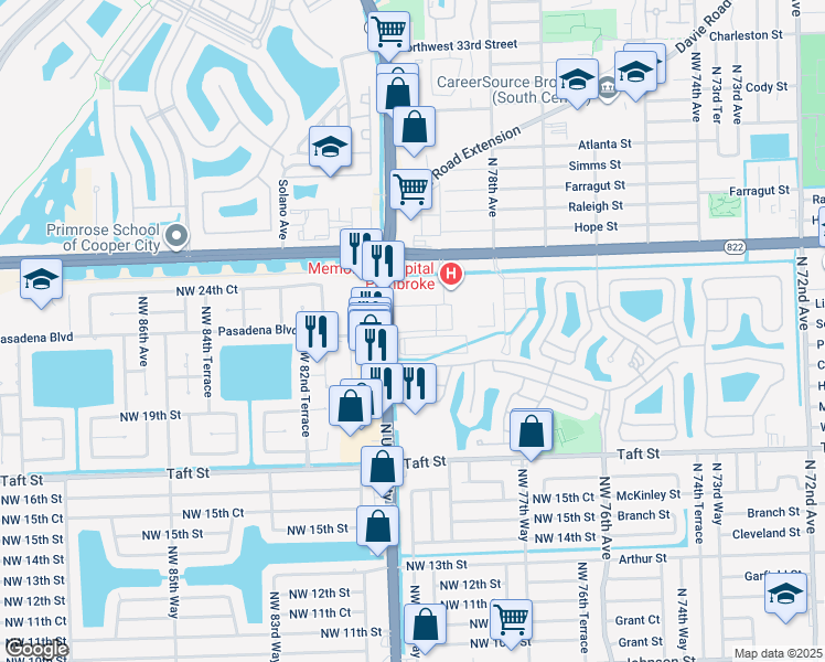 map of restaurants, bars, coffee shops, grocery stores, and more near 7150 Pasadena Boulevard in Pembroke Pines