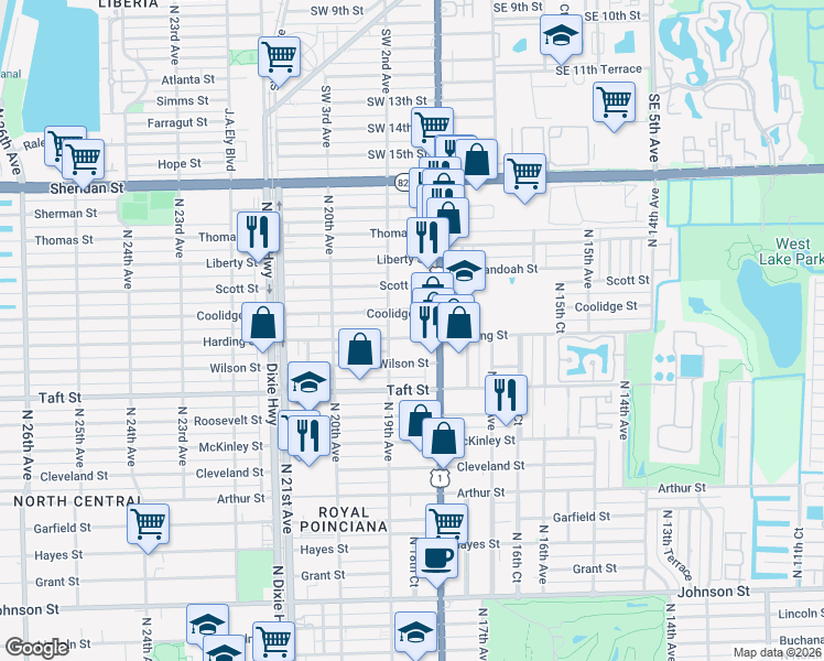 map of restaurants, bars, coffee shops, grocery stores, and more near 1821 North 19th Avenue in Hollywood