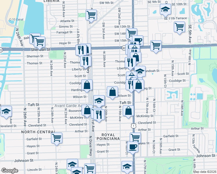 map of restaurants, bars, coffee shops, grocery stores, and more near 1932 Harding Street in Hollywood