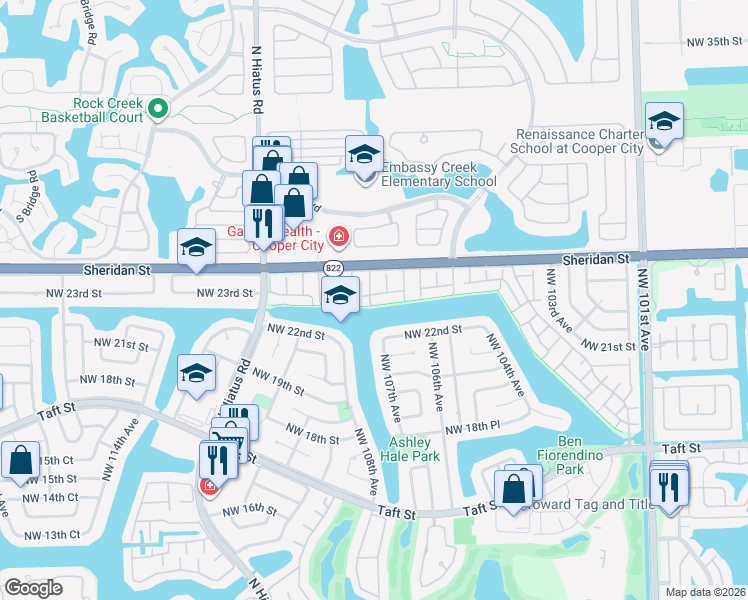 map of restaurants, bars, coffee shops, grocery stores, and more near 10850 Hickory Avenue in Pembroke Pines