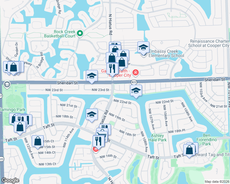 map of restaurants, bars, coffee shops, grocery stores, and more near 11180 Redwood Avenue in Pembroke Pines