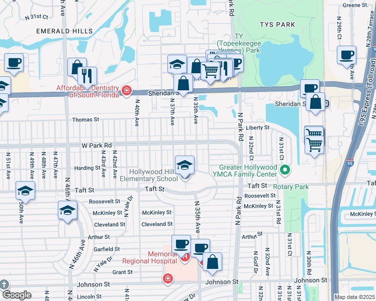 map of restaurants, bars, coffee shops, grocery stores, and more near 2001 North 36th Avenue in Hollywood