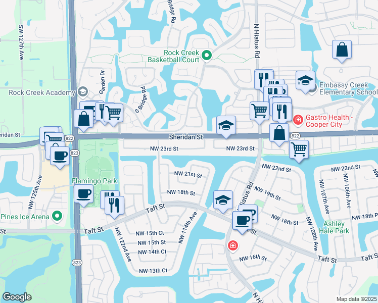 map of restaurants, bars, coffee shops, grocery stores, and more near 11510 Northwest 23rd Street in Pembroke Pines