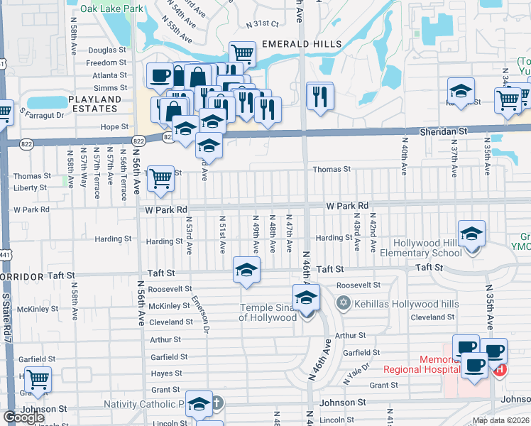 map of restaurants, bars, coffee shops, grocery stores, and more near 2021 North 49th Avenue in Hollywood