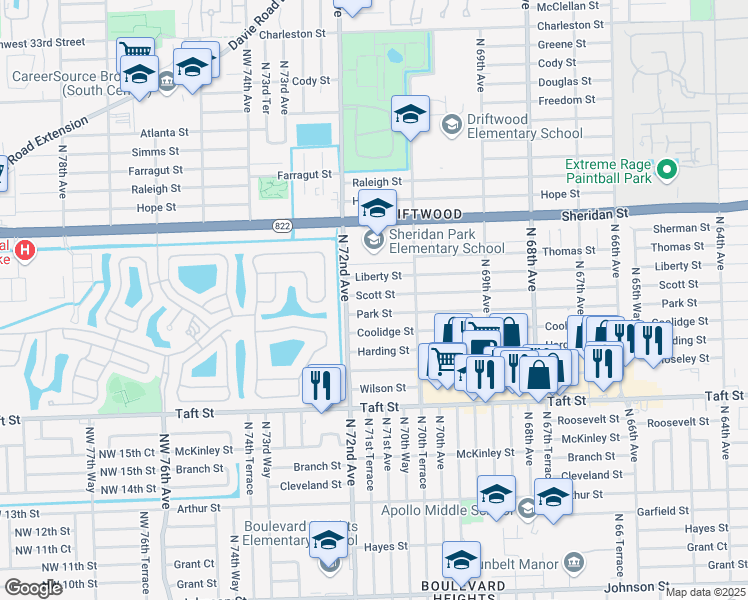 map of restaurants, bars, coffee shops, grocery stores, and more near 7140 Scott Street in Hollywood