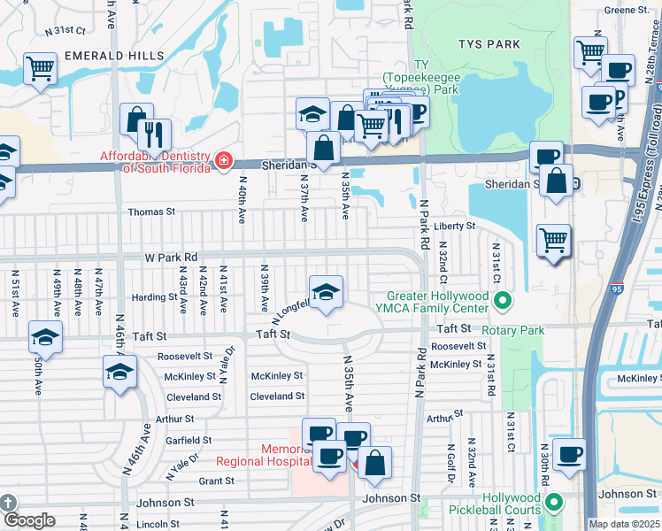 map of restaurants, bars, coffee shops, grocery stores, and more near 2001 North 36th Avenue in Hollywood