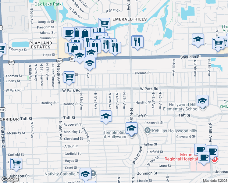 map of restaurants, bars, coffee shops, grocery stores, and more near 2021 North 49th Avenue in Hollywood