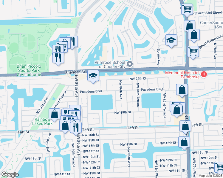 map of restaurants, bars, coffee shops, grocery stores, and more near 2041 Northwest 86th Terrace in Pembroke Pines