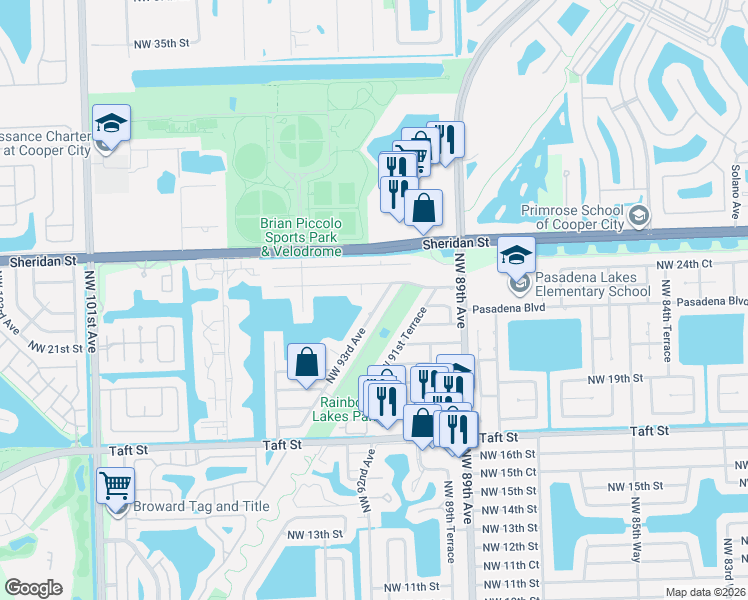 map of restaurants, bars, coffee shops, grocery stores, and more near 2201 Northwest 93rd Avenue in Pembroke Pines