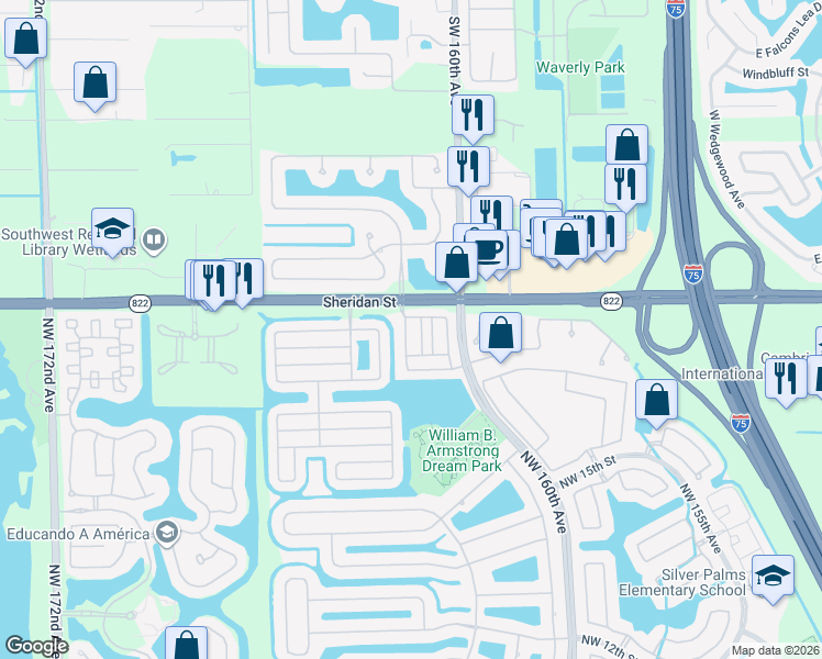 map of restaurants, bars, coffee shops, grocery stores, and more near 2275 Northwest 161st Terrace in Pembroke Pines