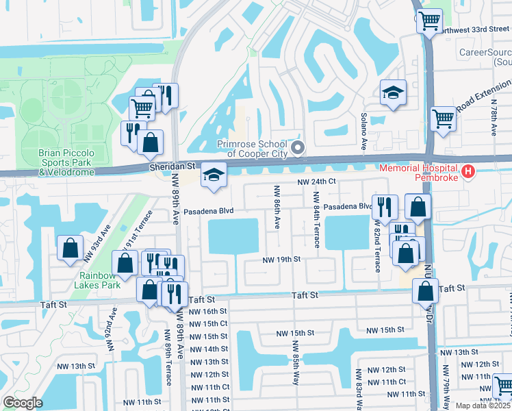 map of restaurants, bars, coffee shops, grocery stores, and more near 2041 Northwest 86th Terrace in Pembroke Pines