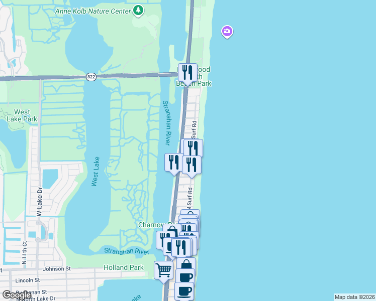 map of restaurants, bars, coffee shops, grocery stores, and more near 202 North Surf Road in Hollywood