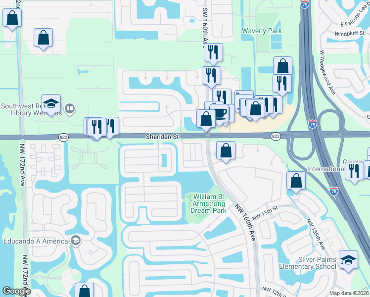 map of restaurants, bars, coffee shops, grocery stores, and more near 2275 Northwest 161st Terrace in Pembroke Pines