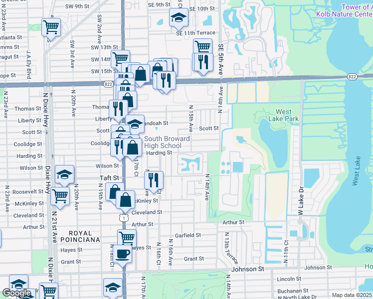 map of restaurants, bars, coffee shops, grocery stores, and more near 1500 North Trafalgar Circle in Hollywood
