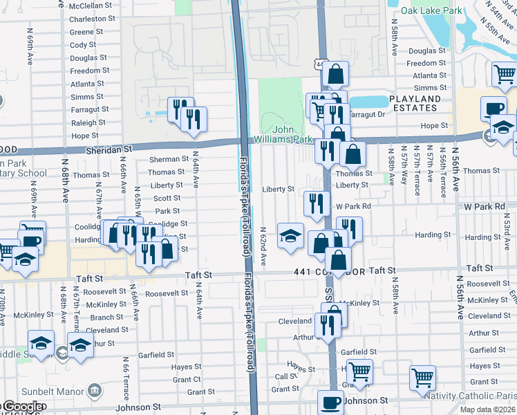 map of restaurants, bars, coffee shops, grocery stores, and more near 2020 North 62nd Avenue in Hollywood