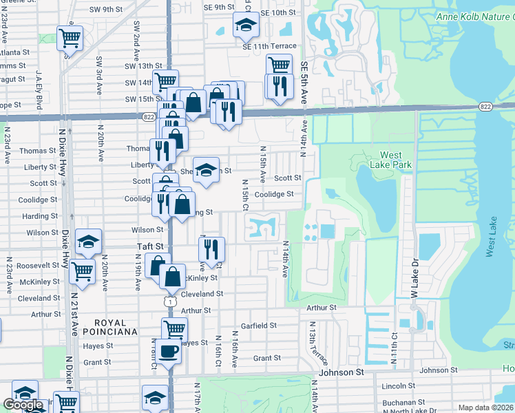 map of restaurants, bars, coffee shops, grocery stores, and more near 1500 North Trafalgar Circle in Hollywood
