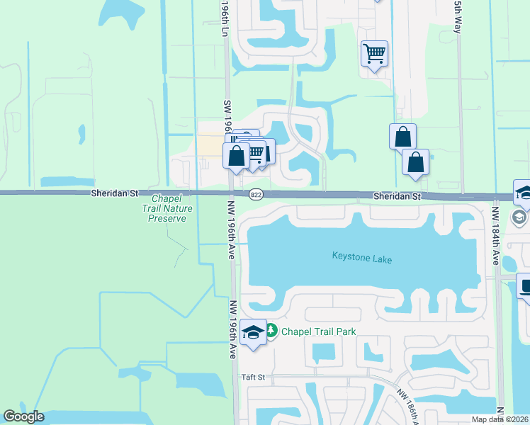 map of restaurants, bars, coffee shops, grocery stores, and more near 19432 Northwest 24th Place in Pembroke Pines