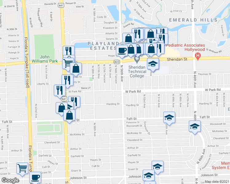 map of restaurants, bars, coffee shops, grocery stores, and more near 2031 North 56th Way in Hollywood