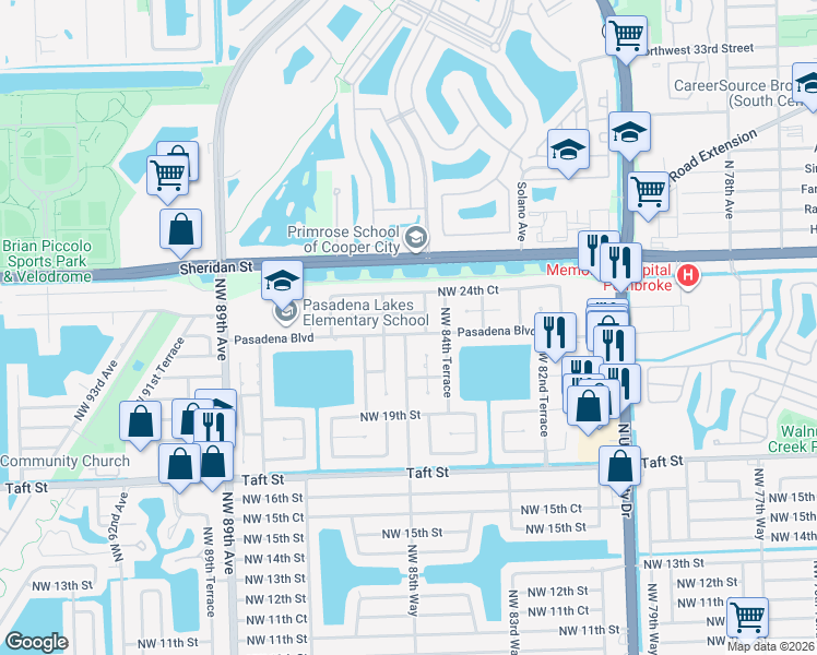 map of restaurants, bars, coffee shops, grocery stores, and more near 2040 Northwest 85th Way in Pembroke Pines