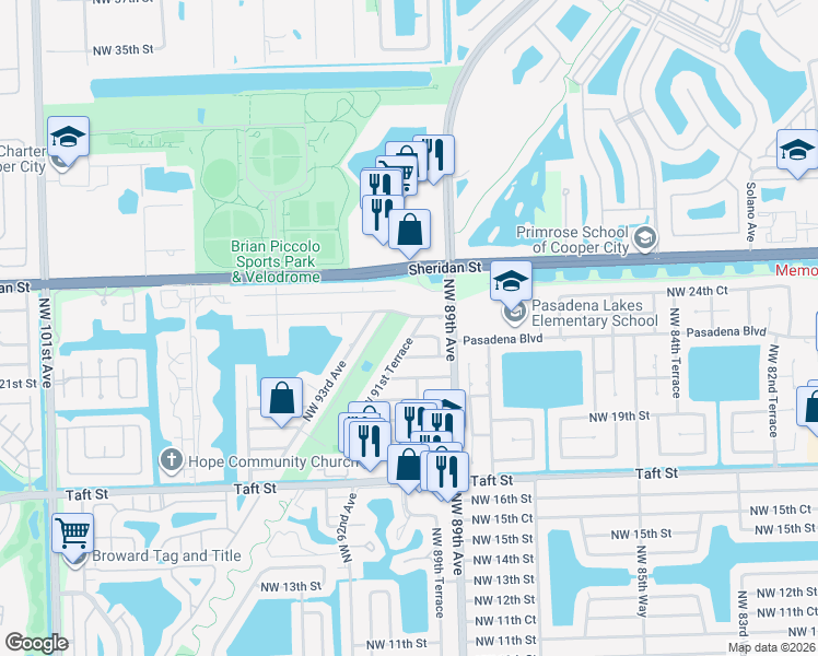 map of restaurants, bars, coffee shops, grocery stores, and more near 2180 Northwest 91st Terrace in Pembroke Pines