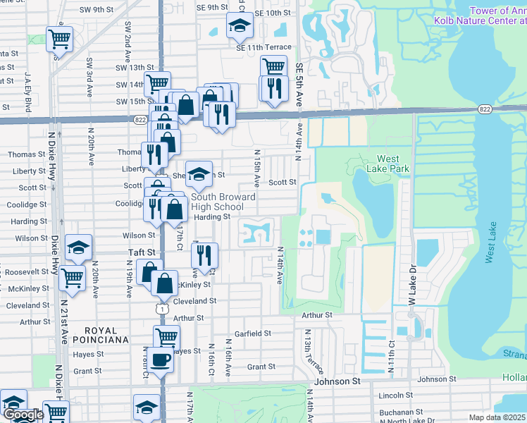 map of restaurants, bars, coffee shops, grocery stores, and more near 1500 North Trafalgar Circle in Hollywood