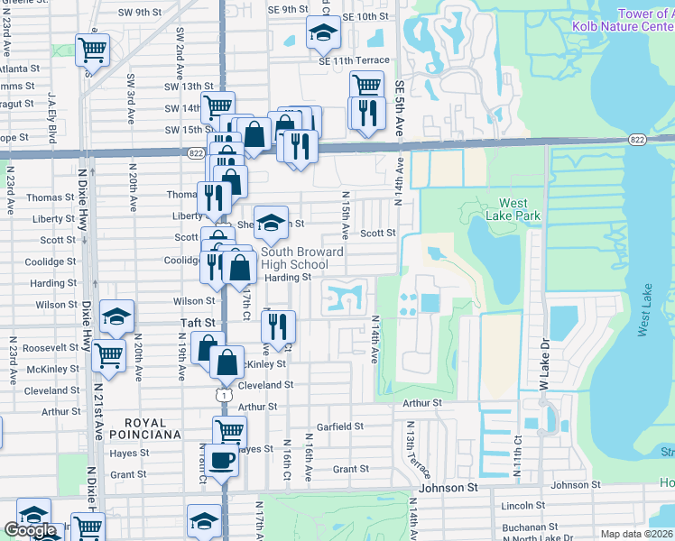 map of restaurants, bars, coffee shops, grocery stores, and more near 1500 North Trafalgar Circle in Hollywood