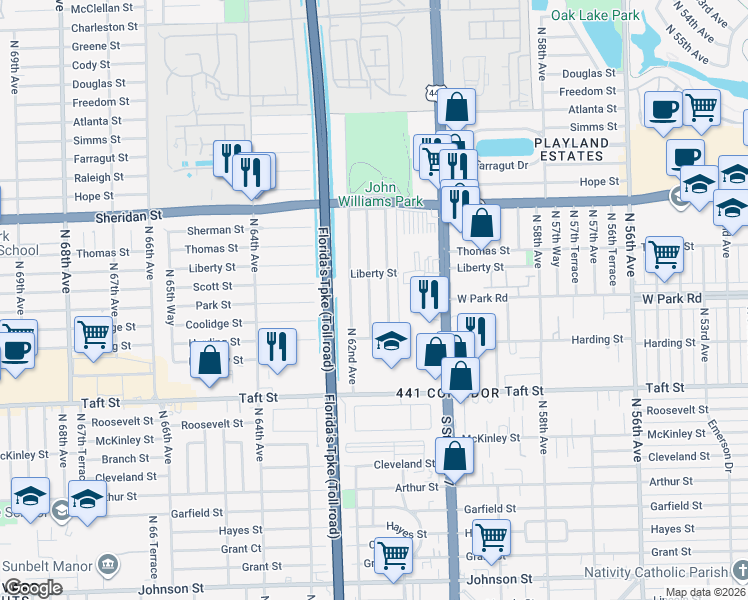 map of restaurants, bars, coffee shops, grocery stores, and more near 2020 Northwest 61st Avenue in Hollywood