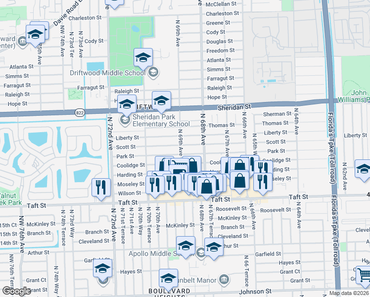 map of restaurants, bars, coffee shops, grocery stores, and more near 6880 Park Street in Hollywood