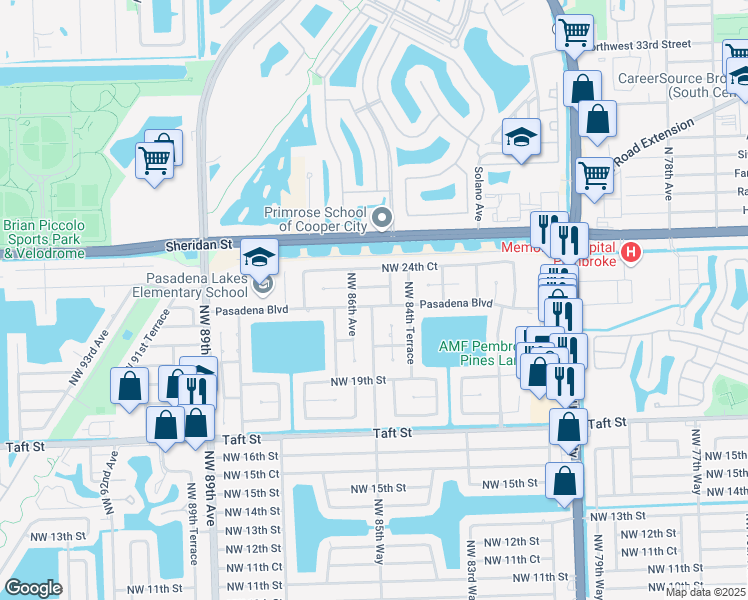 map of restaurants, bars, coffee shops, grocery stores, and more near 2040 Northwest 85th Way in Pembroke Pines