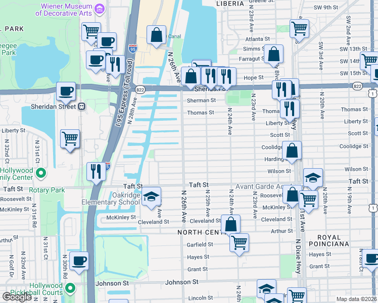map of restaurants, bars, coffee shops, grocery stores, and more near 2527 Harding Street in Hollywood