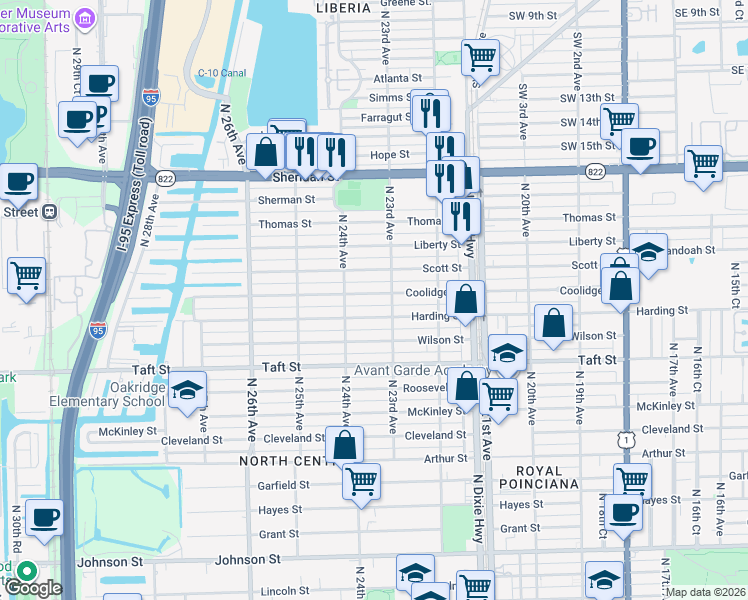 map of restaurants, bars, coffee shops, grocery stores, and more near 2319 Harding Street in Hollywood