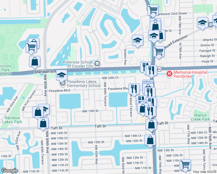 map of restaurants, bars, coffee shops, grocery stores, and more near 8450 Pasadena Boulevard in Pembroke Pines