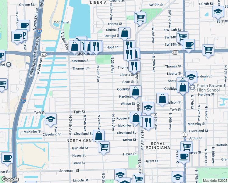 map of restaurants, bars, coffee shops, grocery stores, and more near 2231 Harding Street in Hollywood