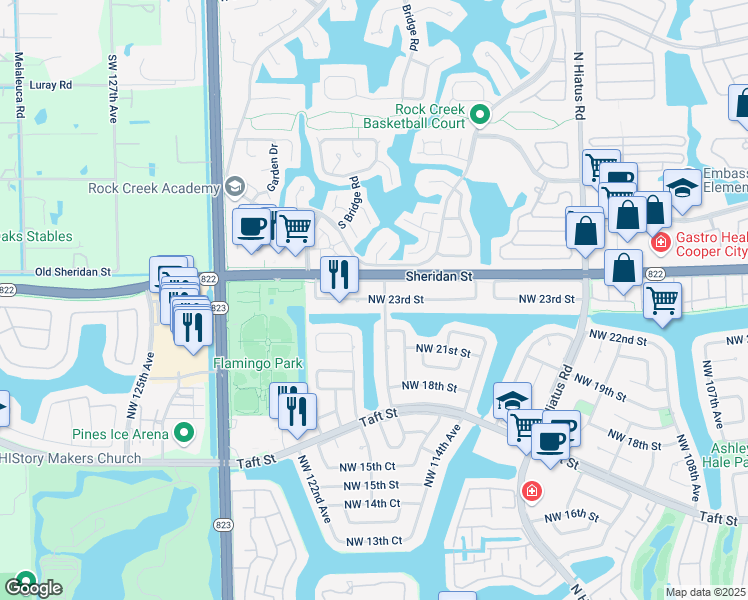 map of restaurants, bars, coffee shops, grocery stores, and more near 11800 Northwest 23rd Street in Pembroke Pines