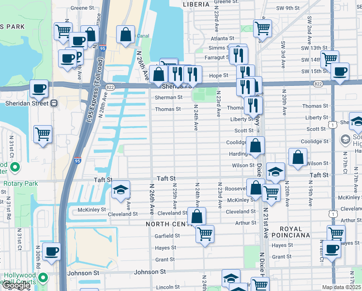 map of restaurants, bars, coffee shops, grocery stores, and more near 2443 Harding Street in Hollywood