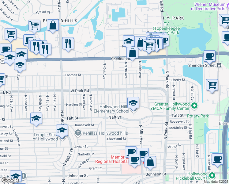 map of restaurants, bars, coffee shops, grocery stores, and more near 2000 North 38th Avenue in Hollywood