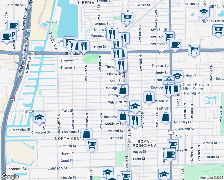 map of restaurants, bars, coffee shops, grocery stores, and more near 2129 Harding Street in Hollywood