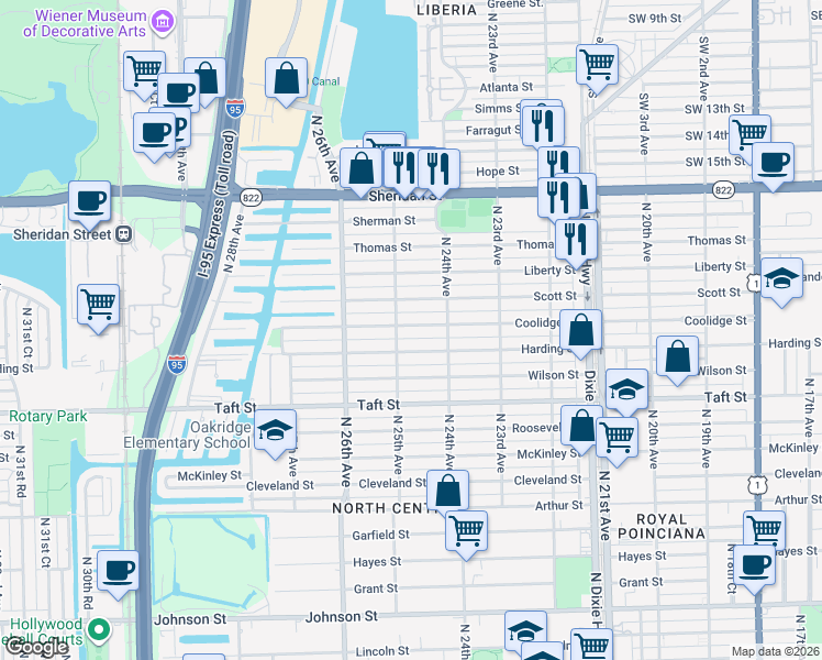 map of restaurants, bars, coffee shops, grocery stores, and more near 2443 Harding Street in Hollywood