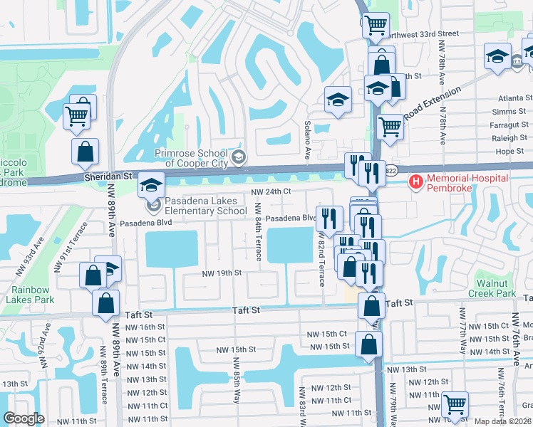 map of restaurants, bars, coffee shops, grocery stores, and more near 8450 Pasadena Boulevard in Pembroke Pines