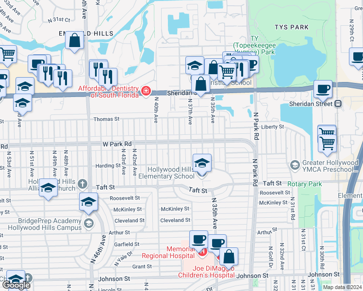 map of restaurants, bars, coffee shops, grocery stores, and more near 3720 West Park Road in Hollywood