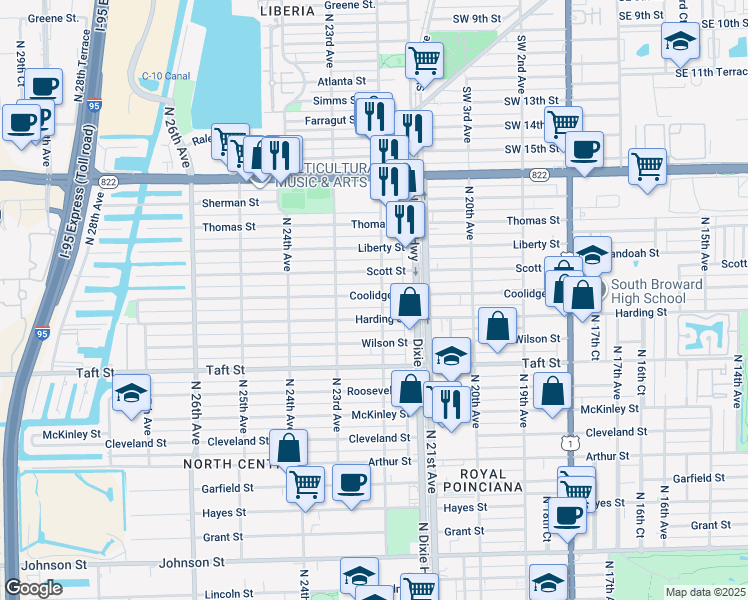 map of restaurants, bars, coffee shops, grocery stores, and more near 2129 Harding Street in Hollywood