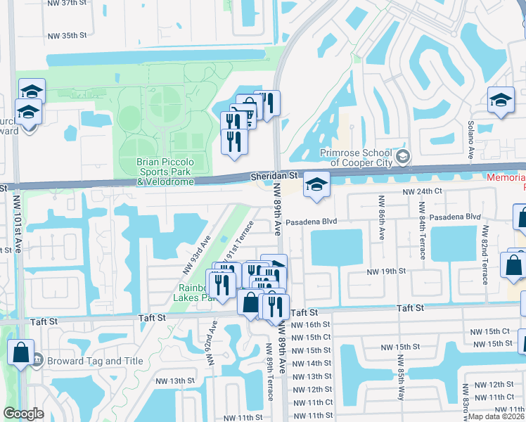 map of restaurants, bars, coffee shops, grocery stores, and more near 2181 Northwest 89th Terrace in Pembroke Pines