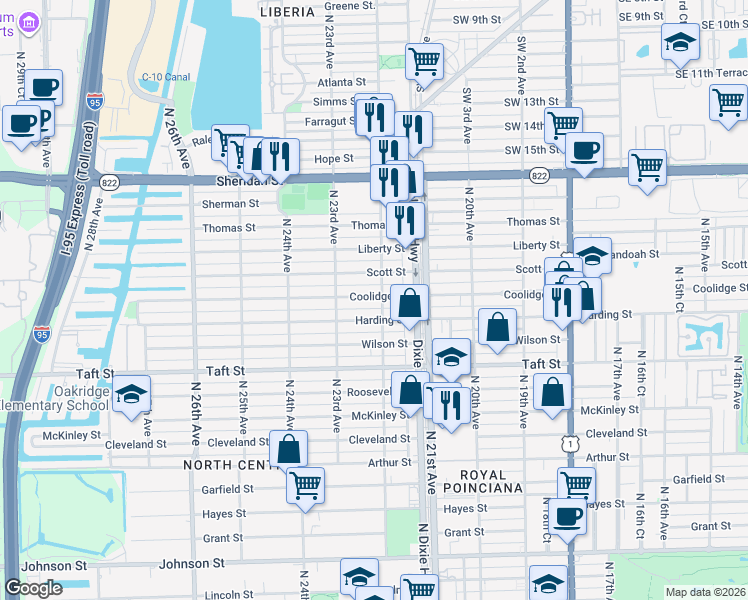 map of restaurants, bars, coffee shops, grocery stores, and more near 2129 Harding Street in Hollywood