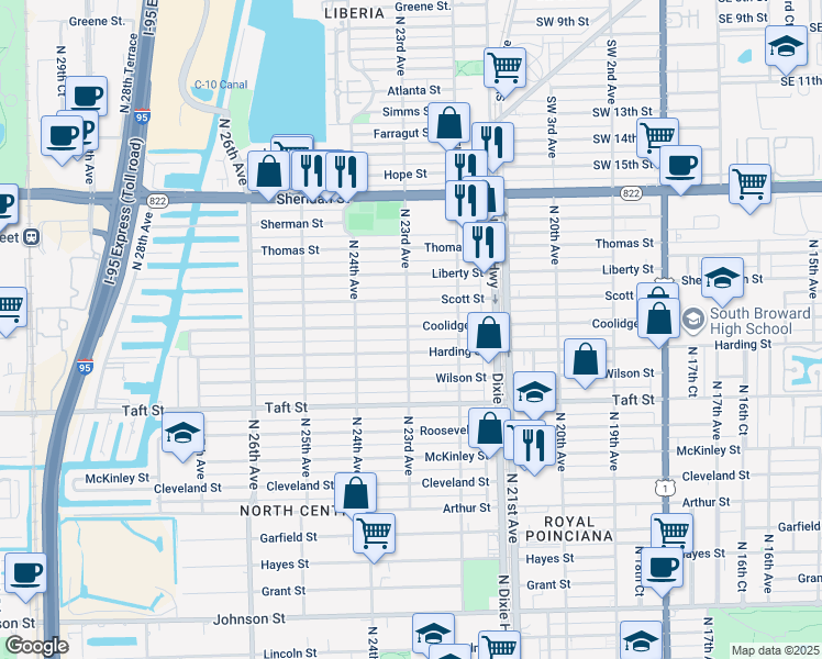 map of restaurants, bars, coffee shops, grocery stores, and more near 2231 Harding Street in Hollywood