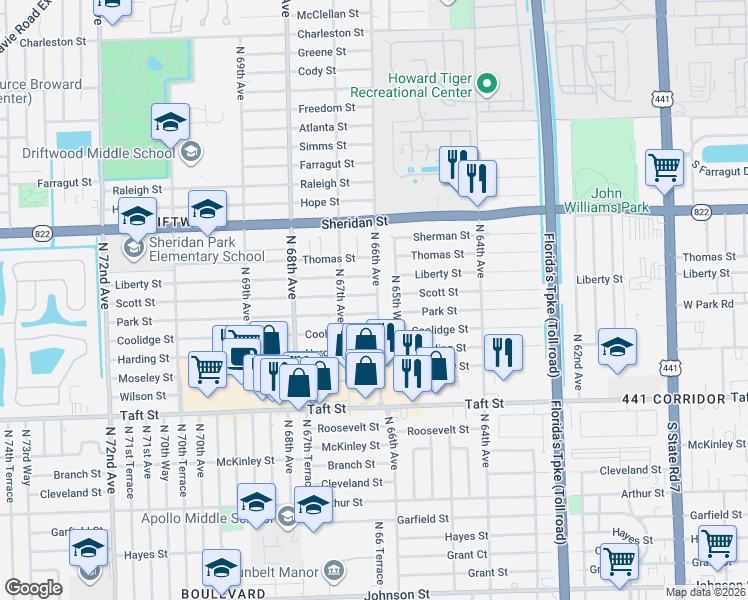 map of restaurants, bars, coffee shops, grocery stores, and more near 6620 Park Street in Hollywood
