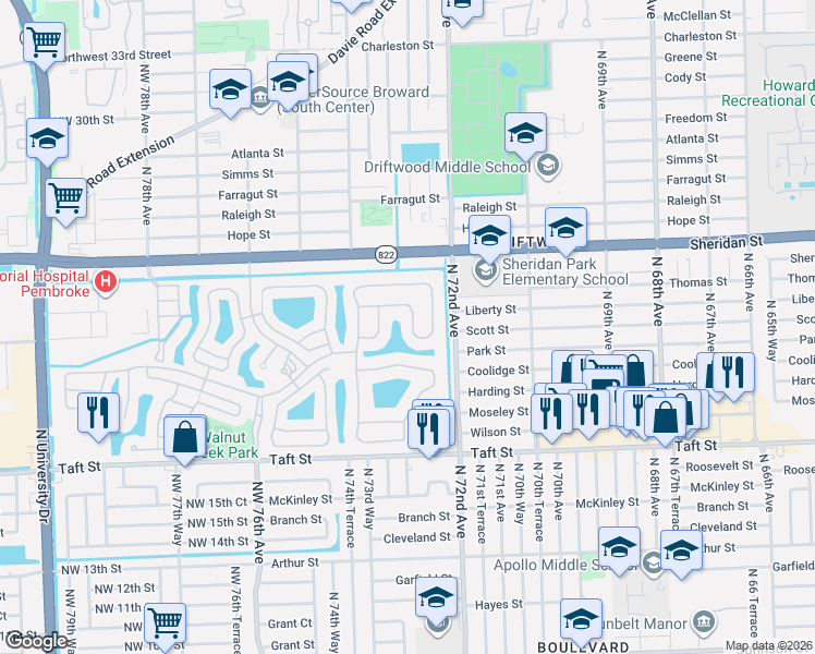 map of restaurants, bars, coffee shops, grocery stores, and more near 7315 Northwest 19th Court in Pembroke Pines