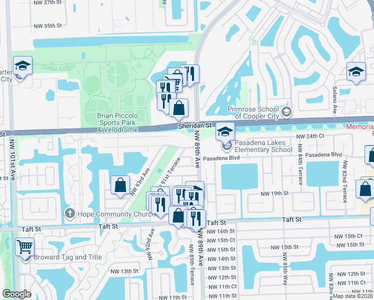 map of restaurants, bars, coffee shops, grocery stores, and more near 2181 Northwest 89th Terrace in Pembroke Pines