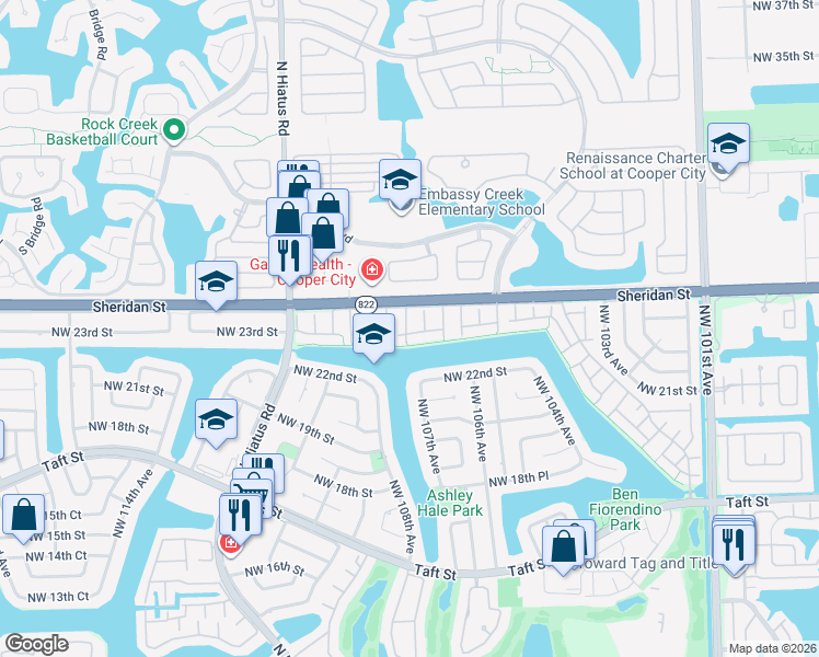 map of restaurants, bars, coffee shops, grocery stores, and more near 10850 Hickory Avenue in Pembroke Pines