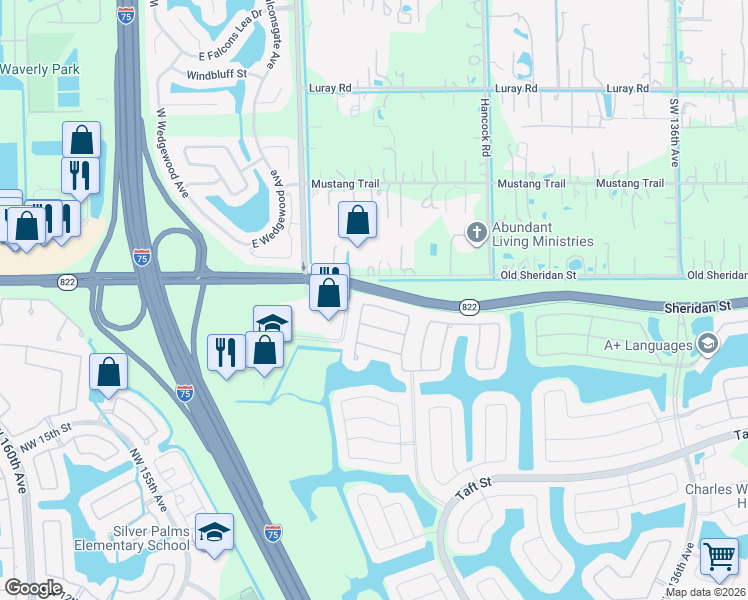 map of restaurants, bars, coffee shops, grocery stores, and more near 14252 Northwest 23rd Street in Pembroke Pines