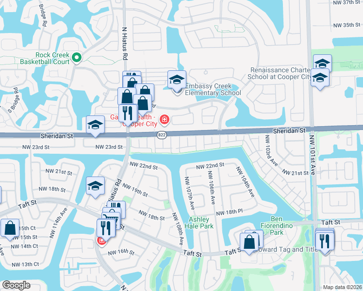 map of restaurants, bars, coffee shops, grocery stores, and more near 10850 Hickory Avenue in Pembroke Pines